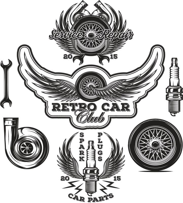 Vintage Auto Repair Club Vector Emblems for Laser Cutting