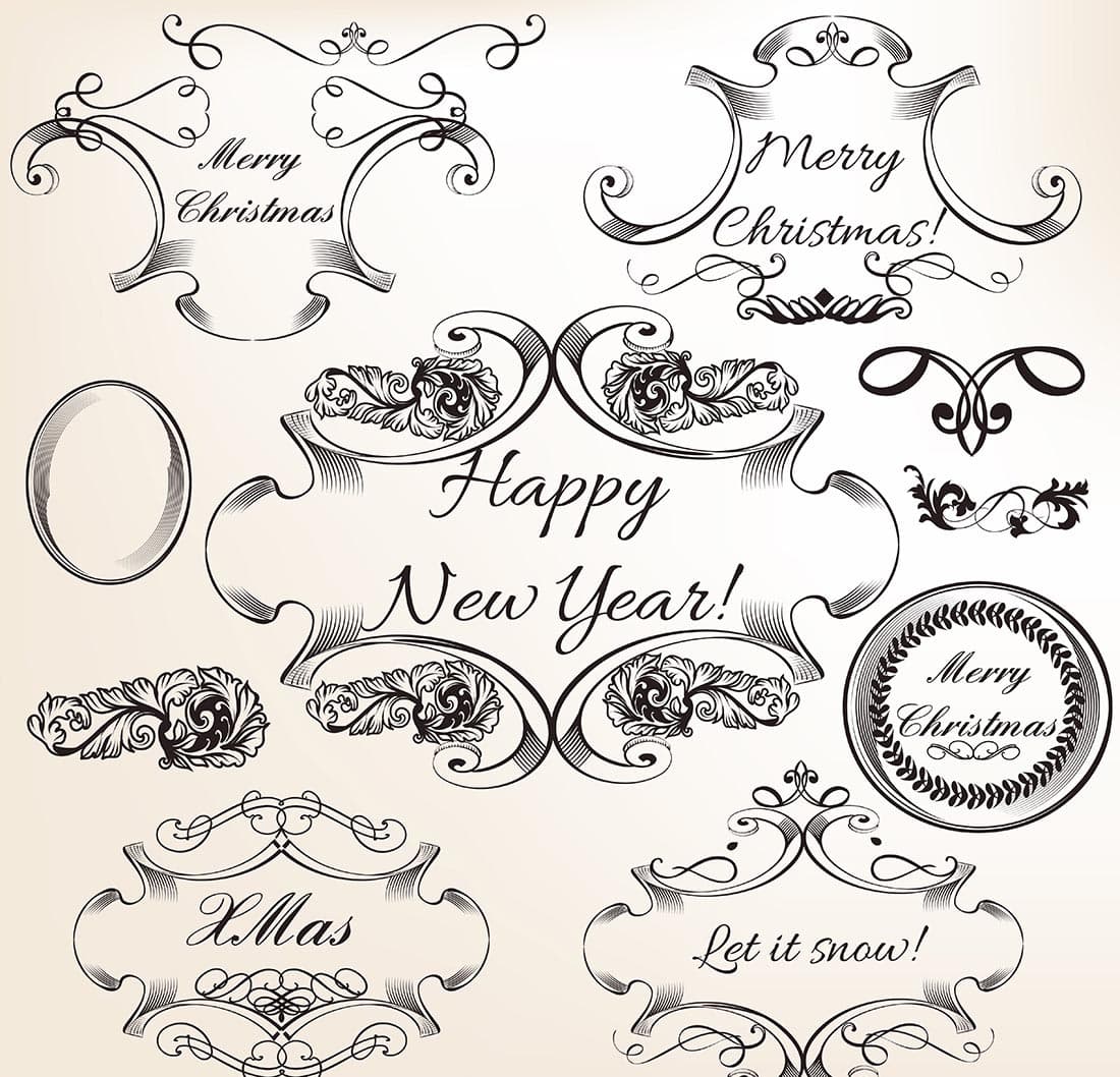 Vintage Christmas and New Year Decorative Frames Vector Set