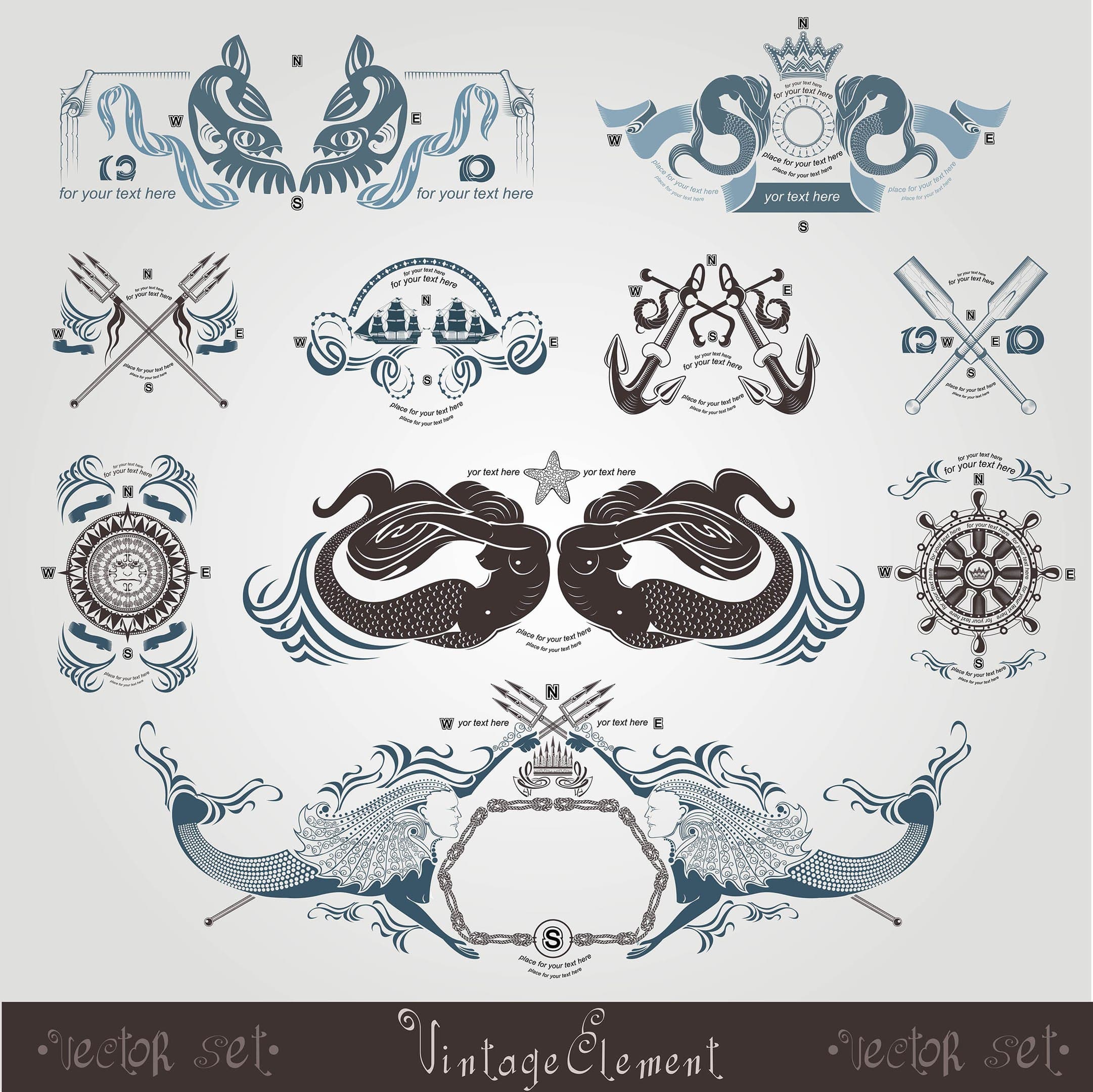 Vintage Nautical Mermaid Emblem Collection Vector File