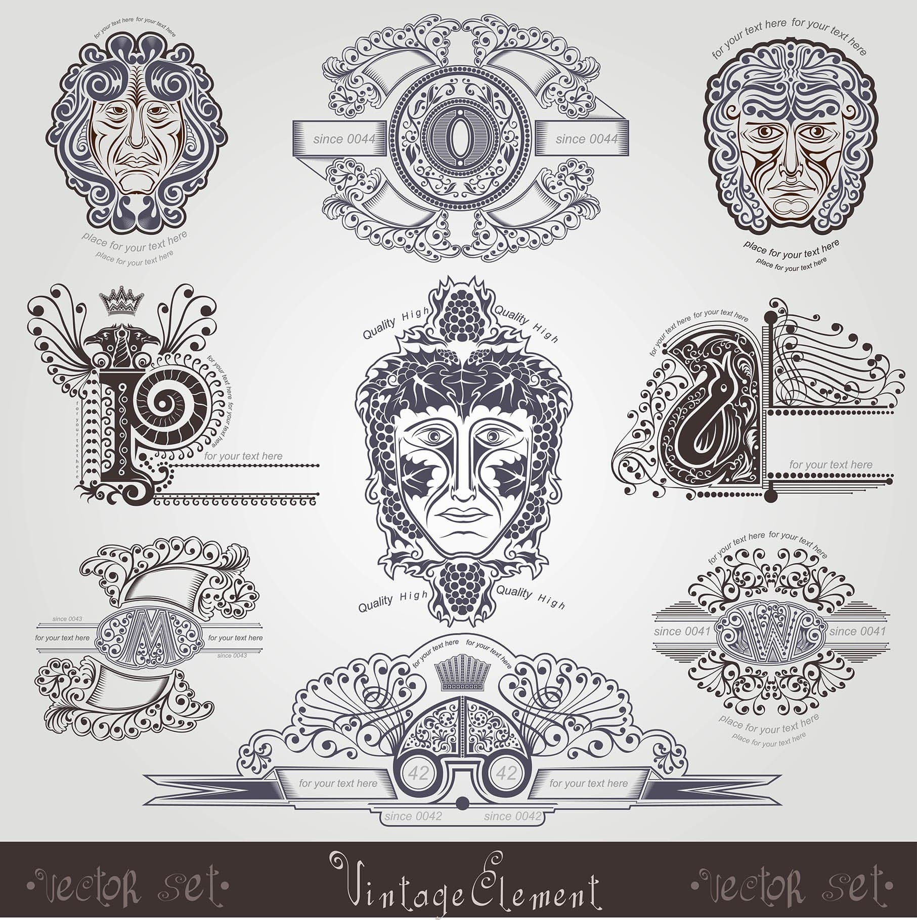 Vintage Ornamental Elements and Monogram Frames Vector Set