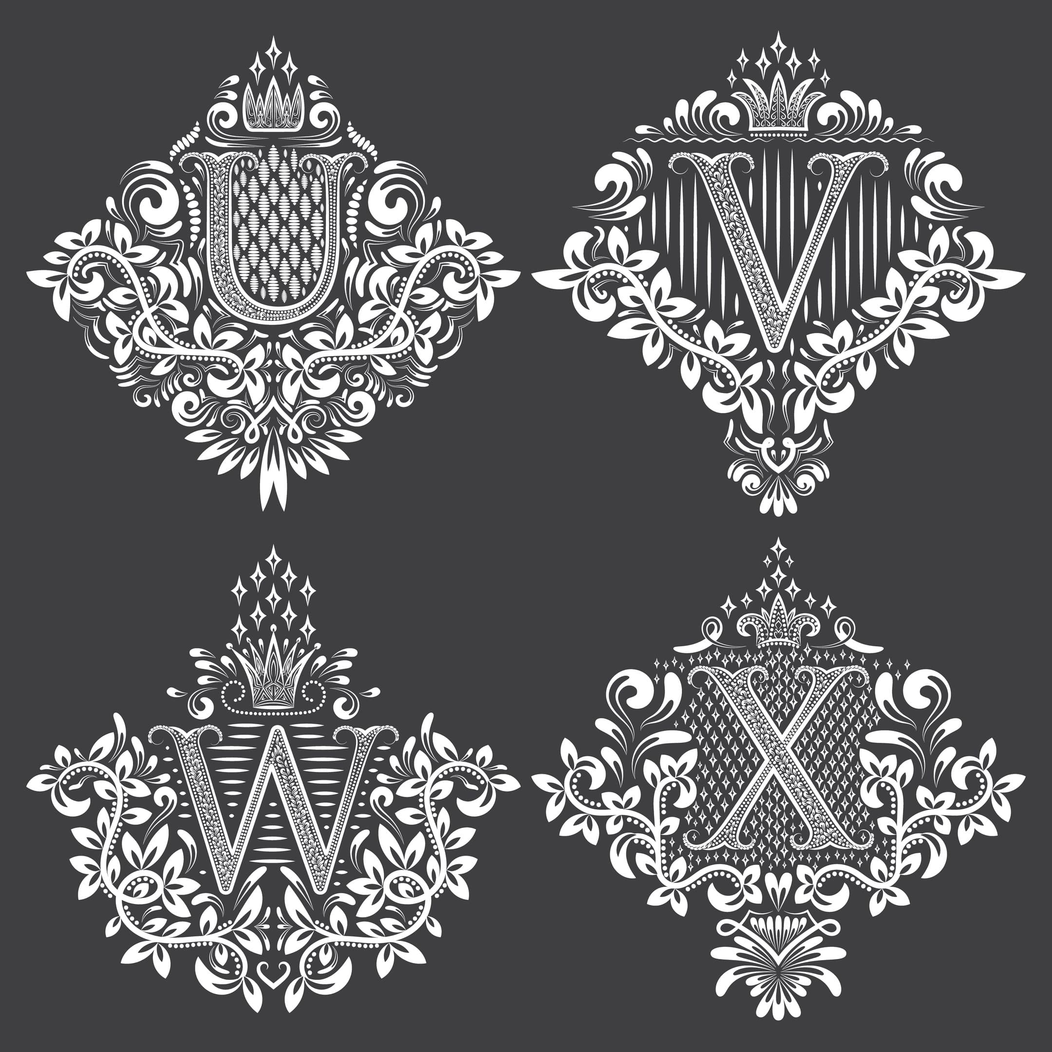 Vintage Royal Monogram Letters U V W X Vector Pack in DXF