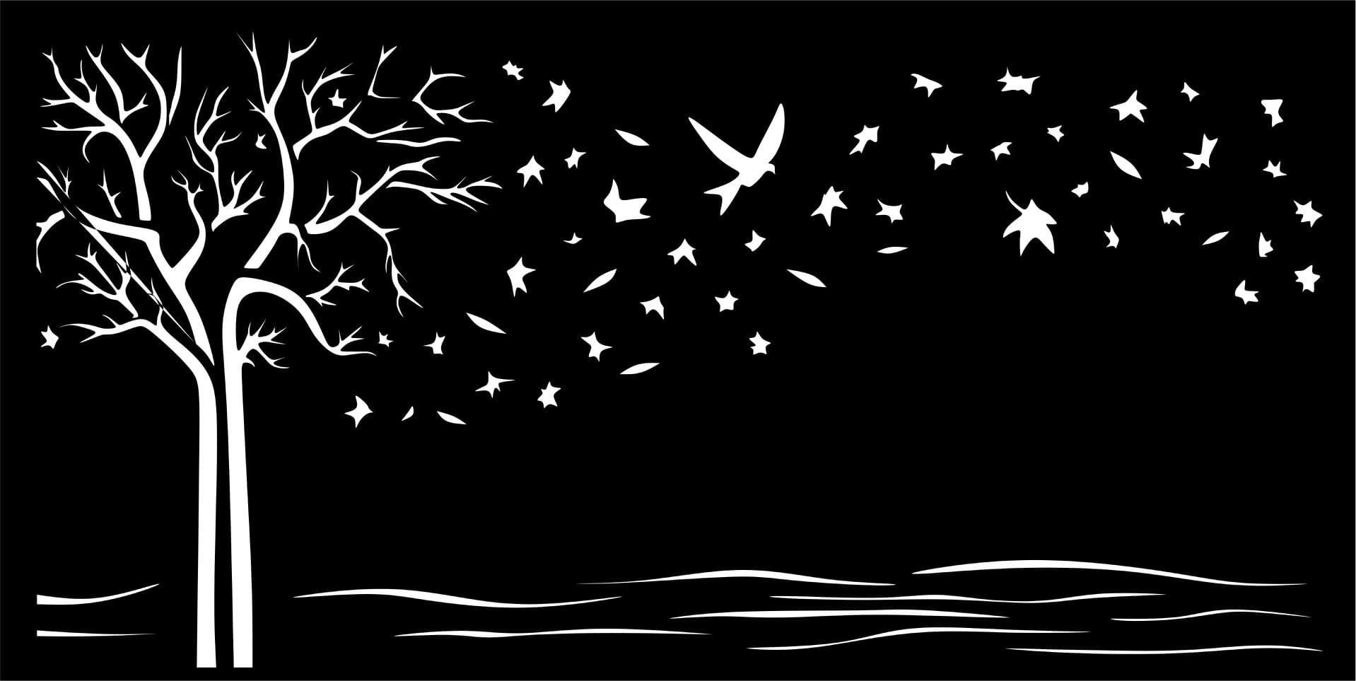 Windy Tree with Flying Bird and Leaves Vector File