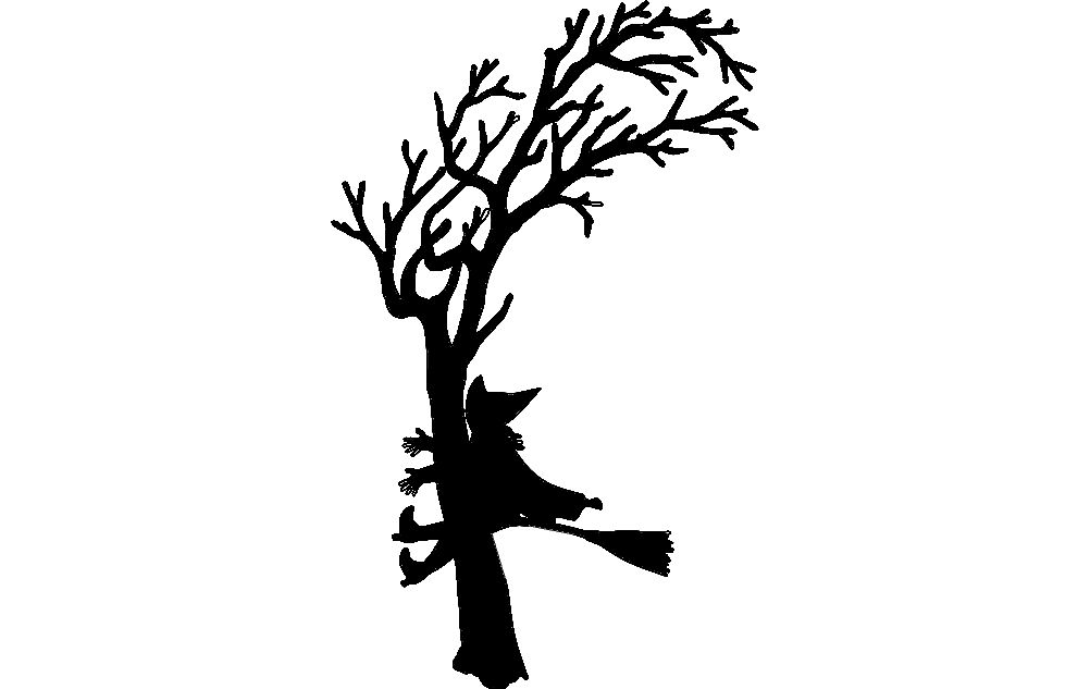 Witch Crashed Into Tree Silhouette Vector File for Laser Cutting